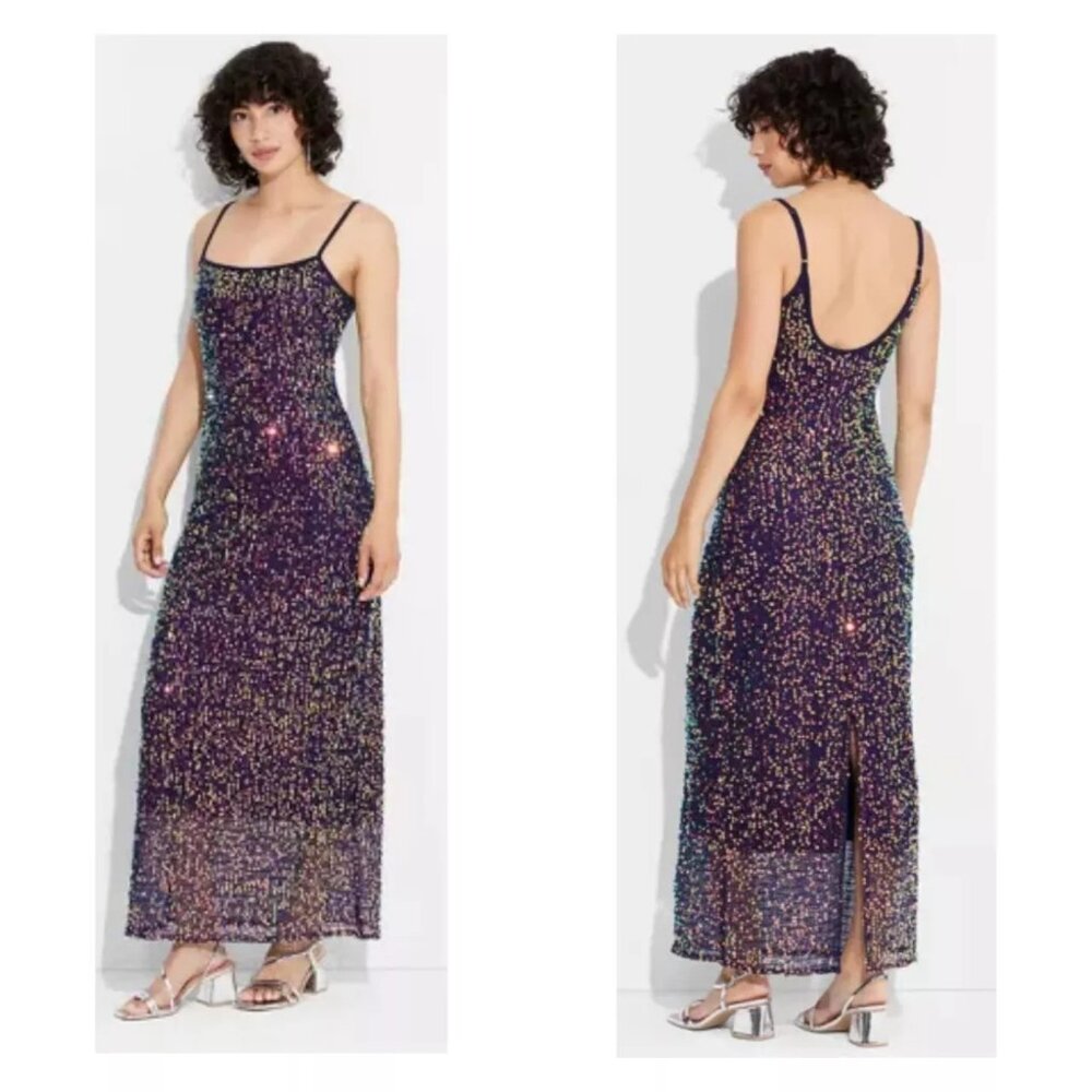 Wild Fable Navy Blue Rainbow Sequins Sleeveless Stretch Maxi Dress S NWOT